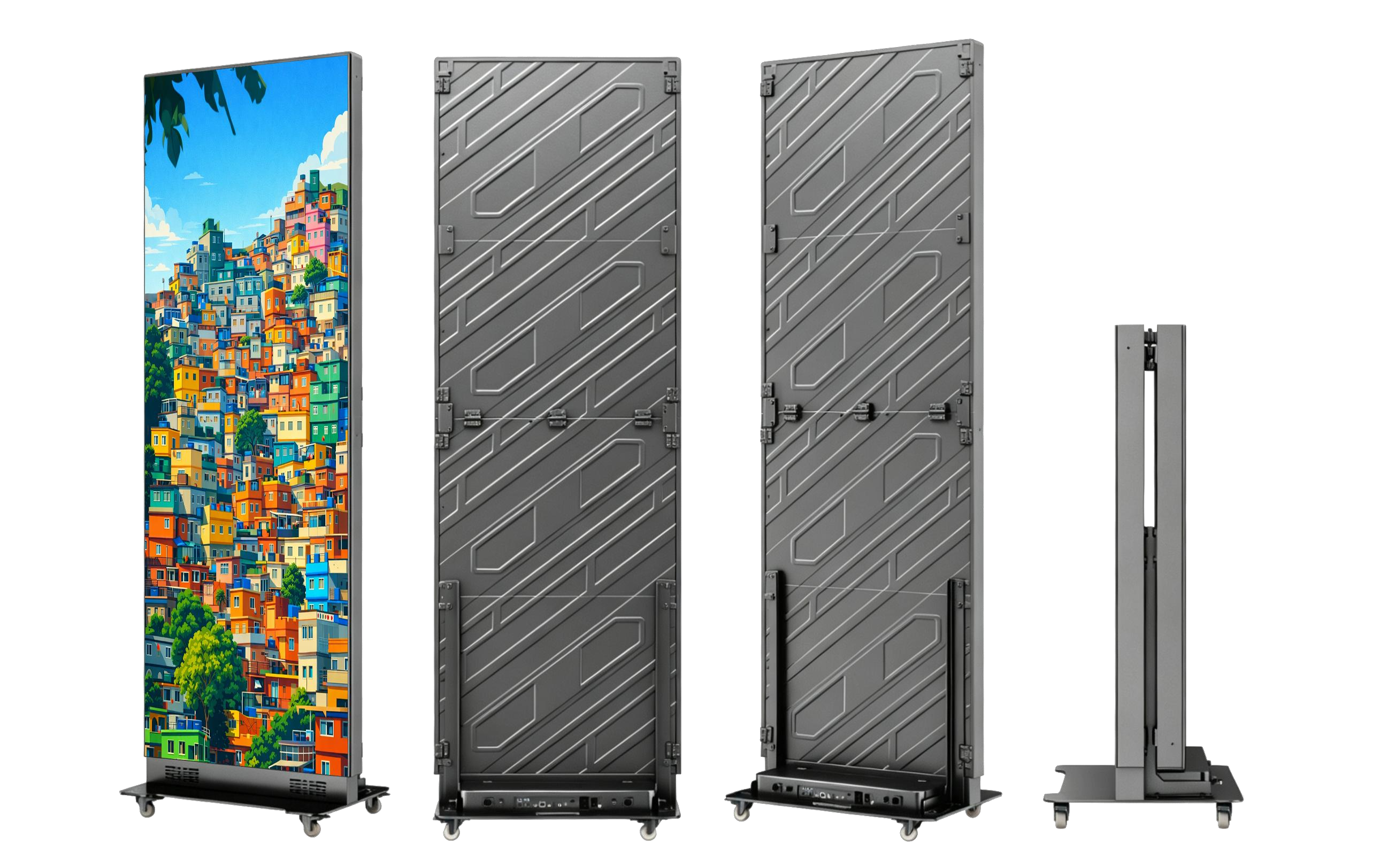 Freestanding LED poster display shown from the front, back, and side