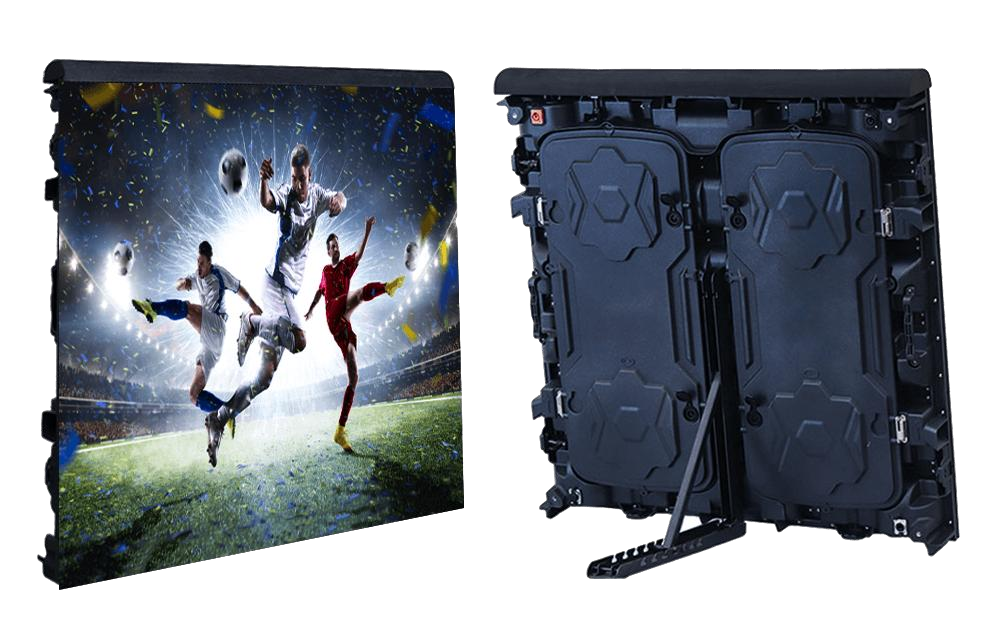 Stadium perimeter LED cabinet with sports imagery and rear support legs